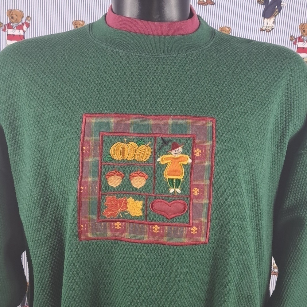Vintage embroidered textured double collar dark green & burgundy LG sweatshirt